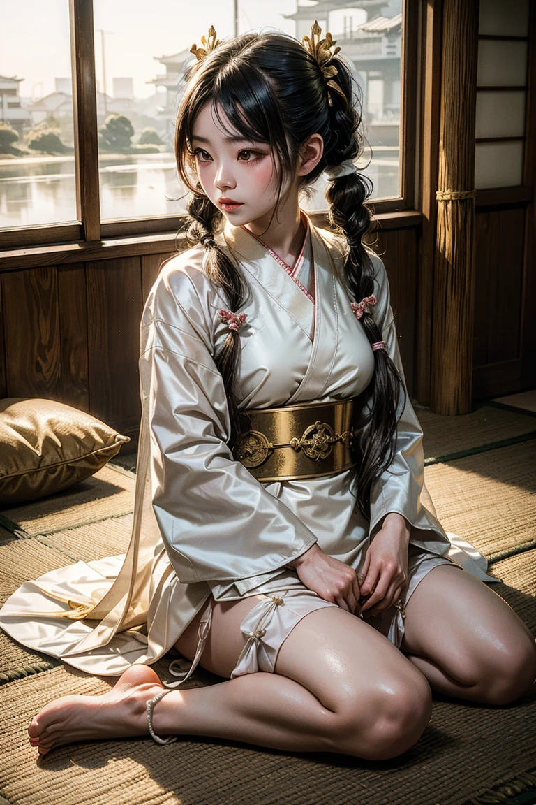Lisa blackpink actress and kpop idol woman girl more realism in hair and clothing Visualize Noritoshi Kamo from Jujutsu Kaisen turned into a woman with a red haori over a black kimono, with loose and wavy hair, decorated with a jade headband wears a traditional Japanese clothing called yukata. Her yukata is black, with white and gold details. The texture is soft and light, typical of this type of garment. The shape of the yukata is long and loose., with wide sleeves. Regarding hair, Noritoshi Kamo wears it up in a high bun and decorated with a black ribbon. Besides, She wears a flower-shaped accessory on one side of her hair., that complements your traditional look. As for his face, Noritoshi Kamo has marked and serious features, with a penetrating gaze. His expression is calm and confident, reflecting his reserved and calculating personality. In general, Their clothing and appearance reflect their traditional and determined character.. LET THE IMAGE ONLY COME OUT IN THE MIDDLE Make Noritoshi Kamo from Jujutsu Kaisen look impressive and dominant in his female form, highlighting his combat prowess.Crea una escena en la que una mujer destacada sostiene un sable en un paisaje montañoso japonés.La figura central de la imagen debe ser una mujer con un sable, rodeada de cerezos en flor en un ambiente japonés.Qué tal una imagen de una mujer con un sable en las manos, en medio de un bosque de bambú en Japón.