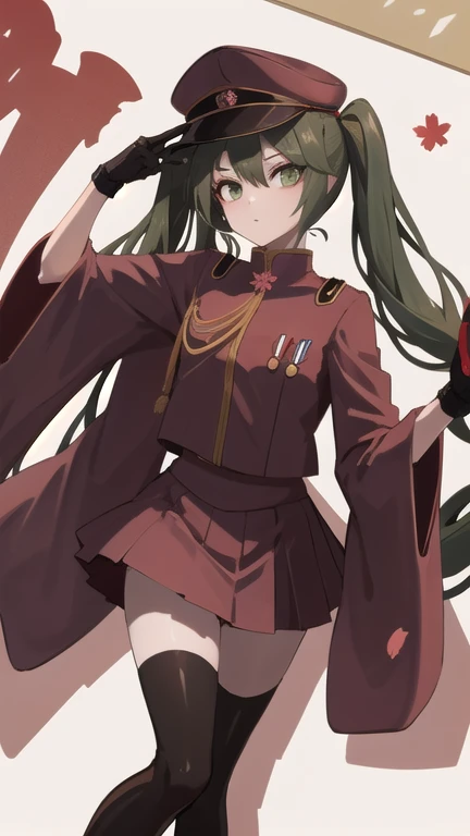 1girl,(solo:1.6),senbon-zakura_(vocaloid),senbonzakuramiku, green hair, twintails, peaked cap, green eyes,military uniform, red jacket, medal, long sleeves, wide sleeves, black gloves, half gloves, red skirt, red thighhighs,many Cherry Blossoms,old town of japan\((shadow puppet:1.5)\),dynamic angle,dynamic pose,cute,anatomiccaly correct body,background ray beam