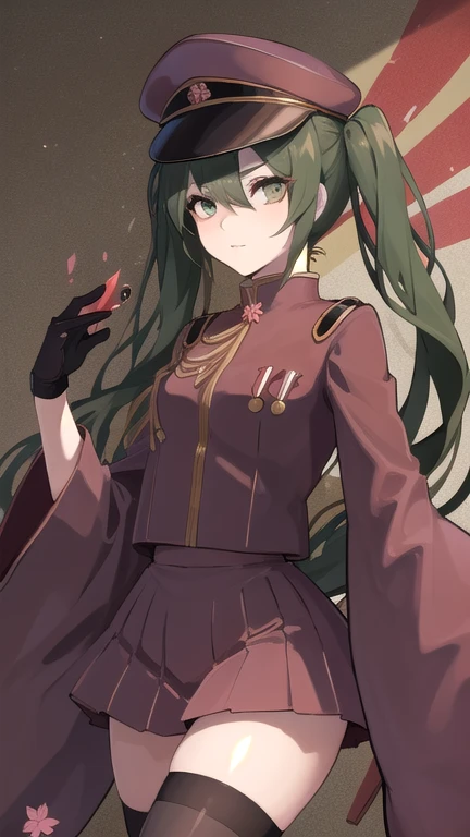 1girl,(solo:1.6),senbon-zakura_(vocaloid),senbonzakuramiku, green hair, twintails, peaked cap, green eyes,military uniform, red jacket, medal, long sleeves, wide sleeves, black gloves, half gloves, red skirt, red thighhighs,many Cherry Blossoms,old town of japan\((shadow puppet:1.5)\),dynamic angle,dynamic pose,cute,anatomiccaly correct body,background ray beam