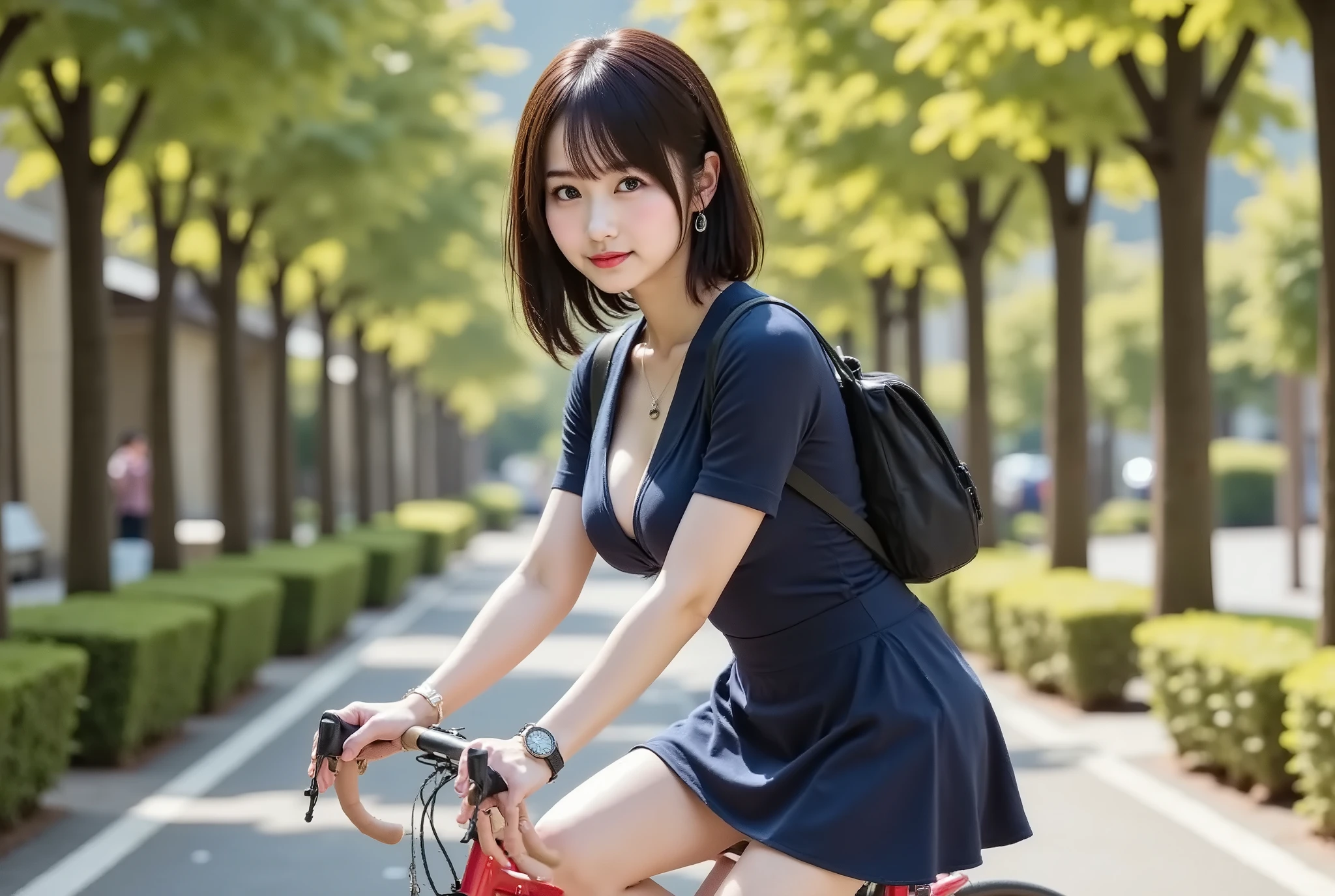 (8k, RAW photos, highest quality, masterpiece: 1.7), (Realistic, Photorealistic: 1.9), nsfw, black hair, (blushing), sweaty face, outside, river, full body, (undressing), looking back,  open the mouth, nude, naked, Red backpack