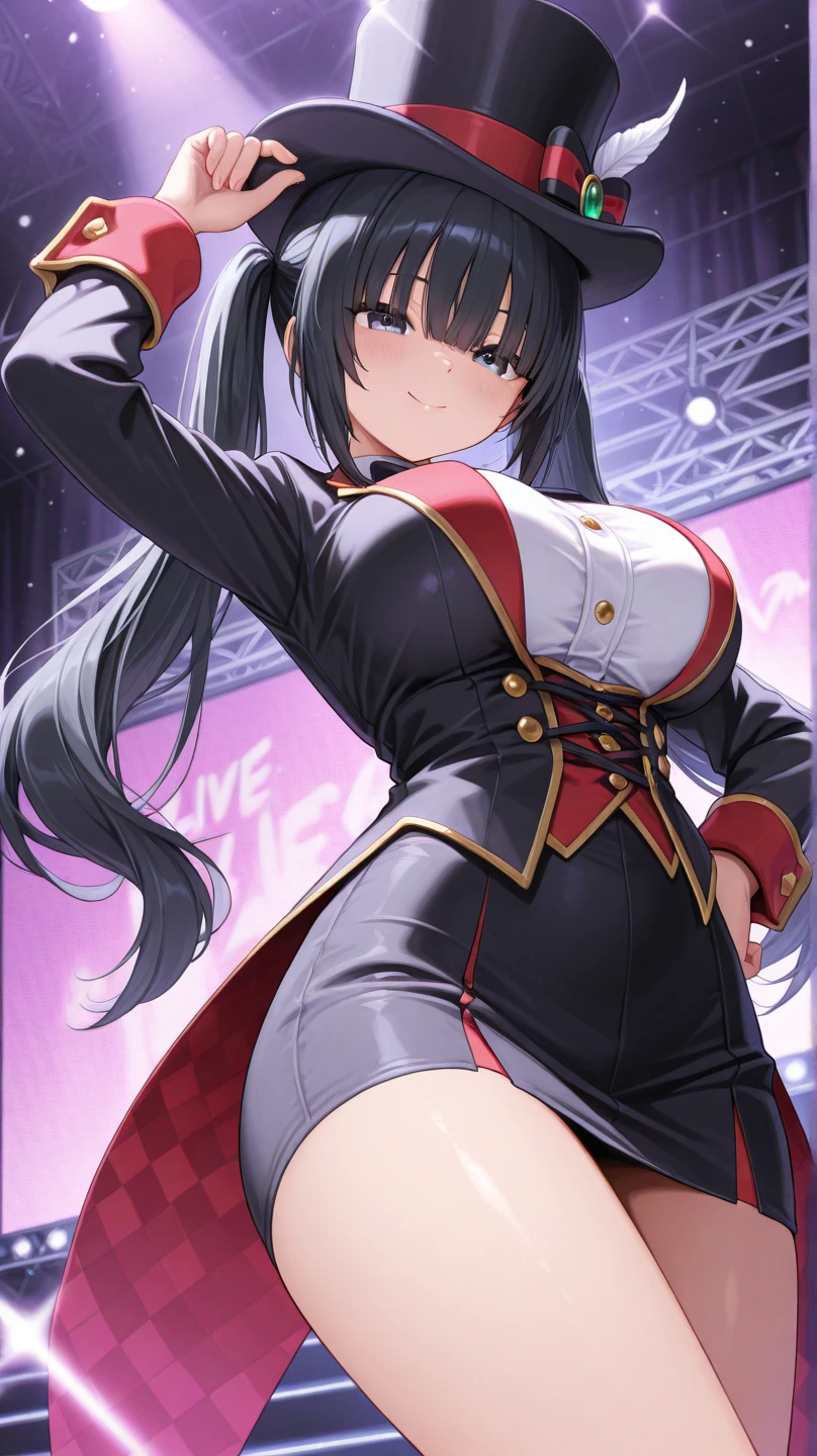 A woman wearing a black Idol uniform, empty shoulders, big breasts, long black hair, pigtails, red eyes, red rose in her hair, long black stockings, smiling on a music stage with red lights illuminating the place, full body.HDR, ultra resolution, well defined, masterpiece, 8K HD. (solo woman)