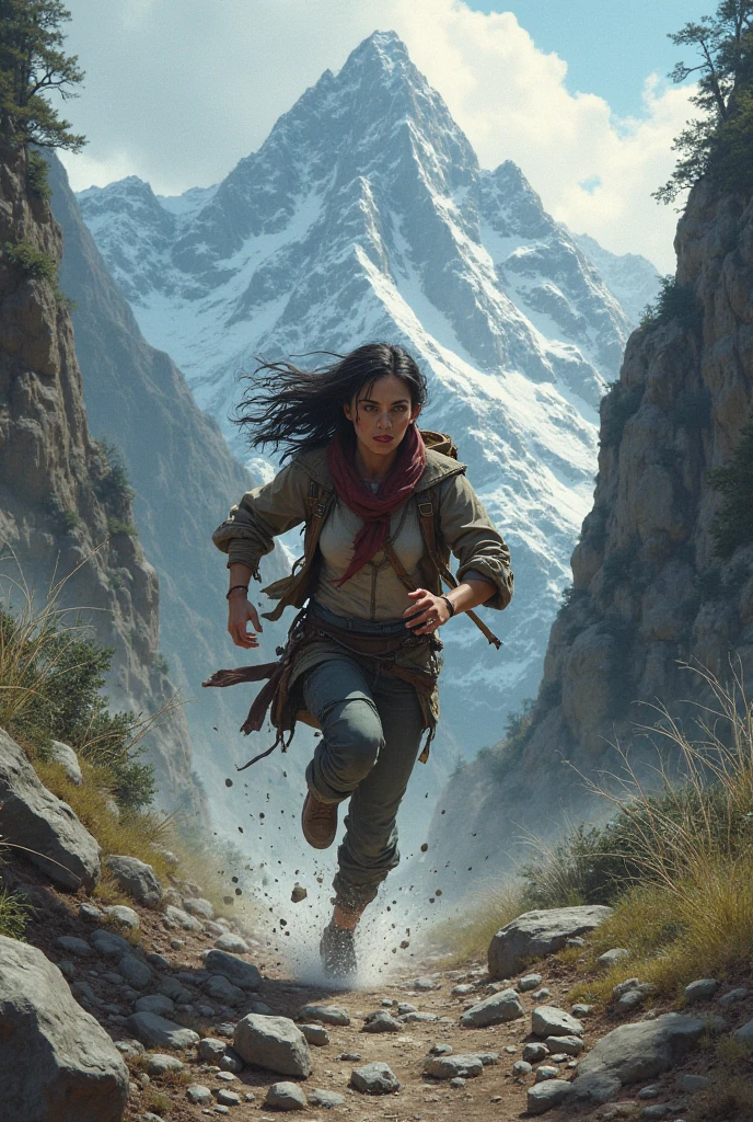 Tibettan tribe woman running in Himalayas. She have bleeding and wounds in body. Time is night
