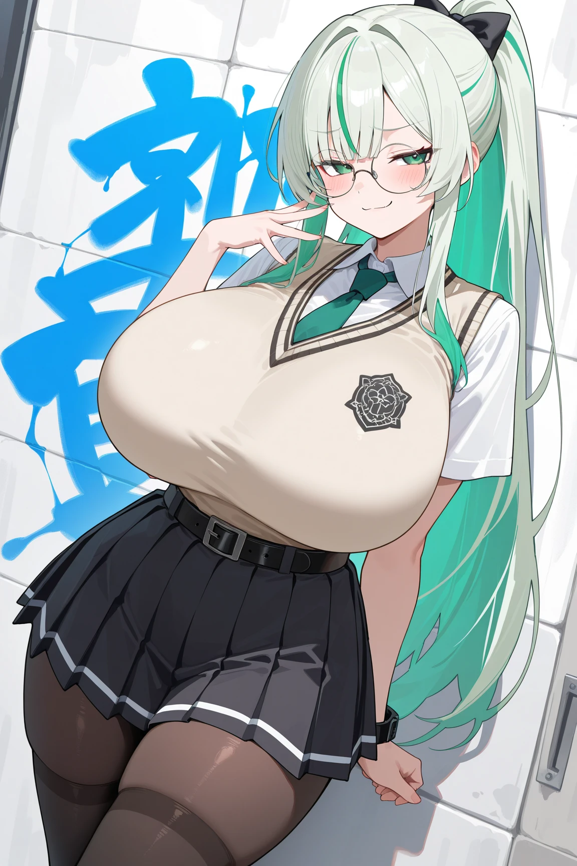 ((highly detailed)), ((nikke)), ((sodai: 1.2)), perfect human hands, (great breast:1.1),masterpiece, best quality, ultra-detailed, glistening shiny, glowing light, ray tracing, HDR, deph of field, (perfect face, detailed face, detailed eyes,perfect hands,perfect fingeredium :1.2),8k,HD,ultra realistic face,ray tracing,perfect lighting,best quality, ultra-detailed, shiny eyes, ( smile:1.1), ((1girl:1.2)),cowboy shot,thicc,streaked_hair,((green gradient hair)),multicolored eyes, gradient eyes, red eyes, (glowing eyes:1.5), mascara, (fashion make up), (parted lips,blush, detailed face, cheerleader, (((stadium))), cheerleading ,dark blue sky),((super detailed background))),((super detailed background)), dynamic poses, ((8k wallpaper)), (mature female), black thighhighs, gigantic sagging breast, standing, (((lifting up skirt:1.4))), (((cheerleader outfit))), (((pom poms in hands))), (((jumping: 1.4))), (((soda inside a stadium)))