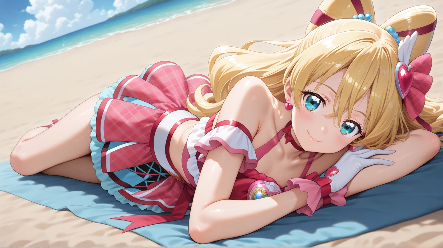 Lucy Heartphilia、1girl in、独奏、blonde hair、brown-eyed、length hair、耳Nipple Ring、jewely、a smile、bow ribbon、Hair ribbon、Mare、the beach、The bikini