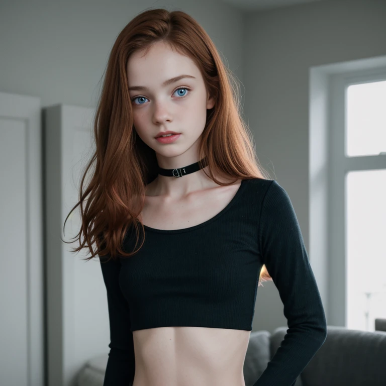 Sophia Lillis, teen body, pale skin, long wavy hair, small breasts,, goth makeup, standing