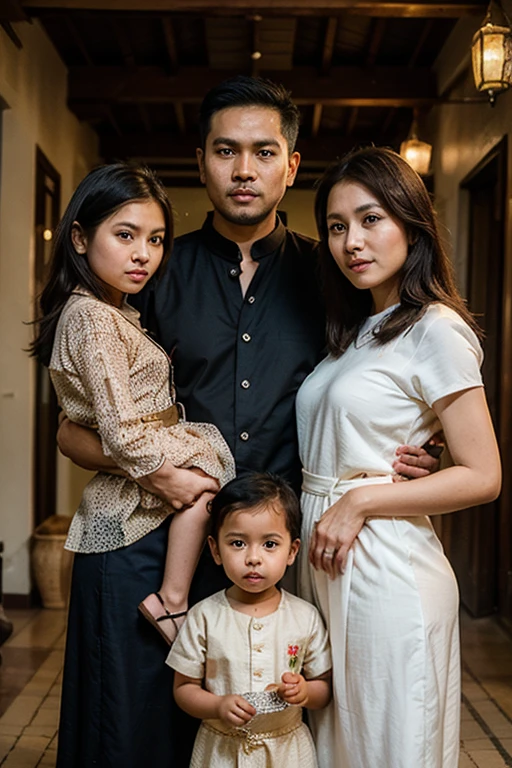 (Realistic: 1.2), (Real photos, ultrahd graphics, best quality, masterpiece: 1.3), Family portrait, 39-year-old man with buzz cut hairstyle, wearing batik clothes in vibrant Indonesian print, 12-year-old girl also wearing Muslim clothing, sitting on a wooden chair, 6-year-old girl embracing her from behind, both girls with their backs to the camera, expressionless faces, serene attitude, intricate details in batik prints, black background, warm light subtly shining behind the family, creating delicate shadows and emphasizing the intricacies of their batik attire.