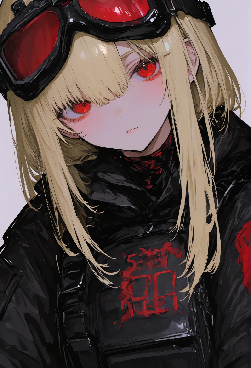 Albino hair anime girl with short shoulder length hair., His eyes are bright red. female figure, He is wearing a black sweatshirt with an X in the center.He has a mask that covers his entire face..., black jean shorts and black sneakers. In a desolate wasteland. Two blue and red spirits come out next to him