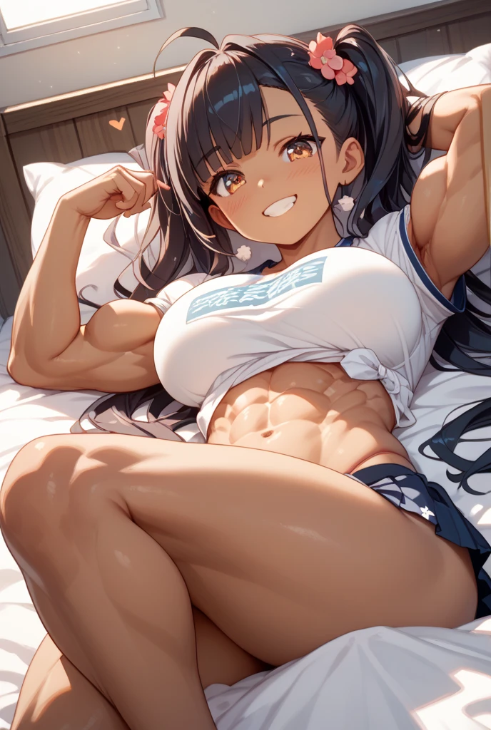 jack-o challenge pose,, masterpiece, best quality, absurdres, highres, 4k, ray tracing, intricate details, highly detailed, (1girl:perfect face, cute, medium breasts, long black hair, high ponytail, dark skin, slightly muscular) (muscular: 1.3), dark skin, 