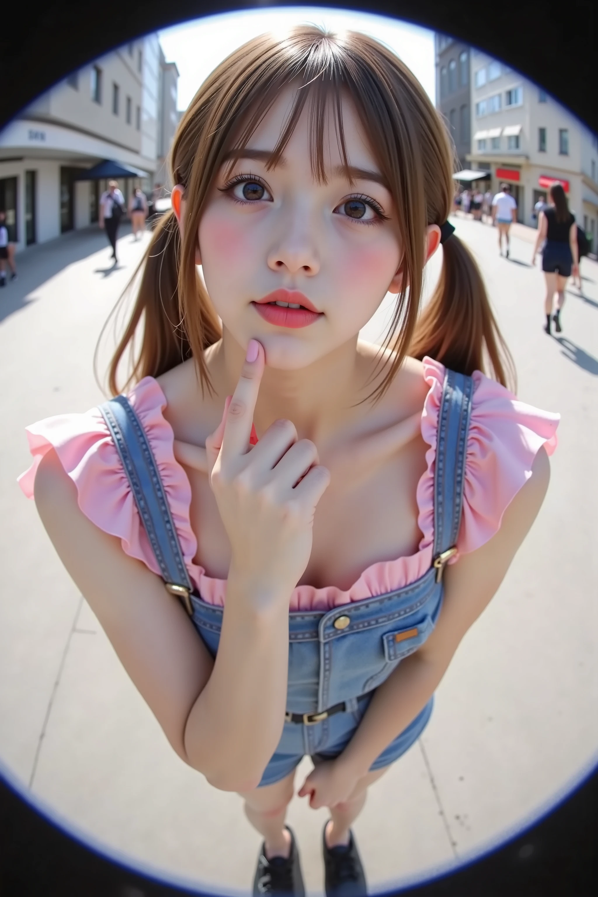 ((Looking up 1.2)) ,(fisheye lens 2.0),Young and radiant skin, Marshmallow-like cheeks , in the city,((Close-up of face 1.5)), ((bulges cheeks 1.2)),((Look away 1.8)),((point your finger on your lips)), age 16 , ,1 woman pink and blue short sleeve with ruffles,shorts,long twin tail, Colorful Hair Color, darker makeup