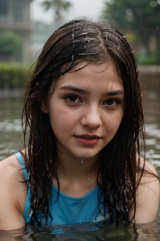 (Best quality, 4k, Masterpiece :1.3), pretty woman, 1girl, (attractive body :1.2), abs :1.1, dark brown hair: 1.1, (rainy wet, wet from rain, wet body :1.2), ultra-detailed face, detailed lips, detailed eyes, double eyelid