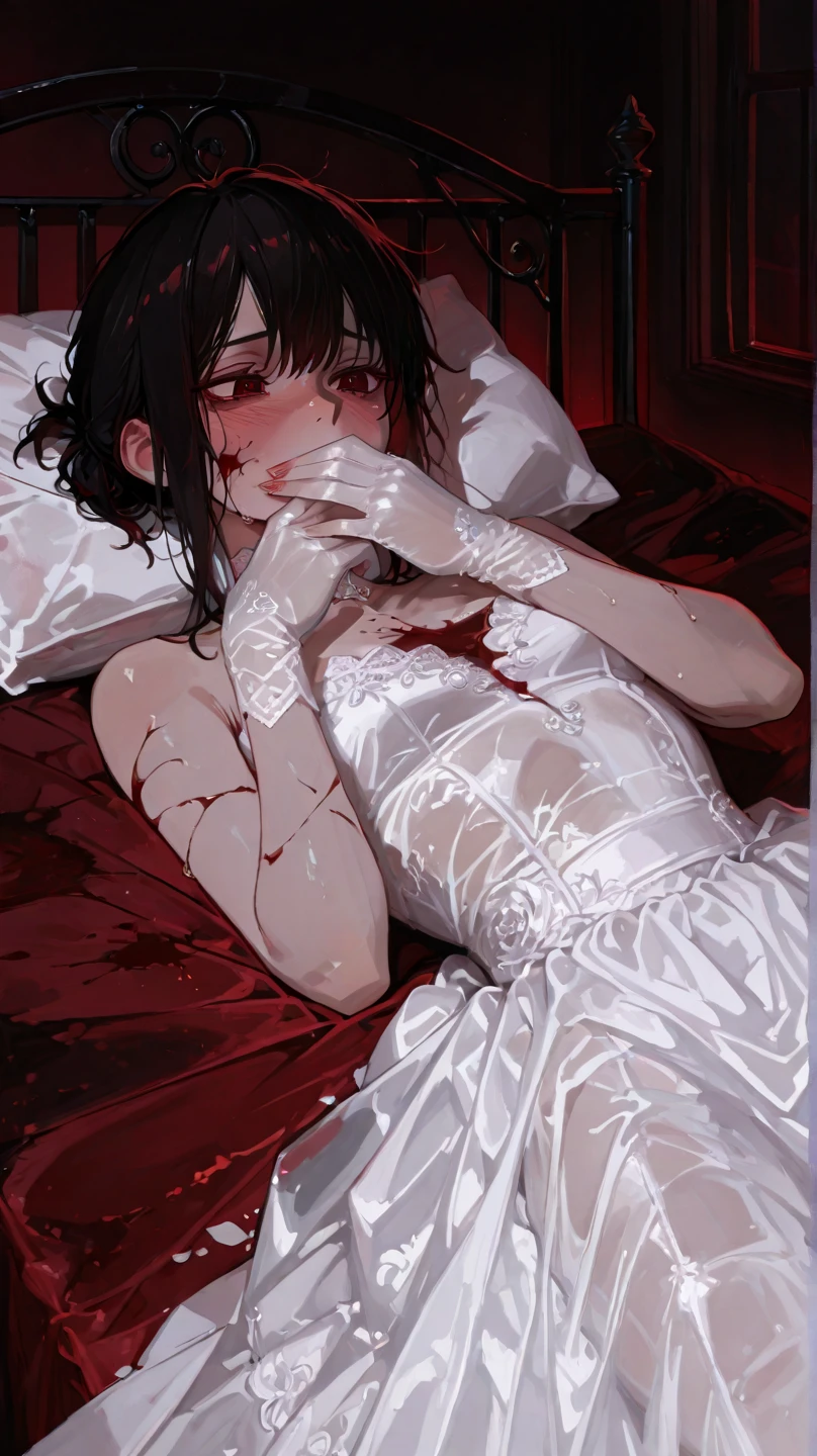 Anime girl lying on bed，A chain hangs around his neck, Kawasi, Guviz, Yandere, gapmoe Yandere, trending on cgstation, from girls frontline, gapmoe Yandere grimdark, author：Shitao, Guviz-style artwork, trending at cgstation, guweiz masterpiece, Guweiz in Pixiv ArtStation