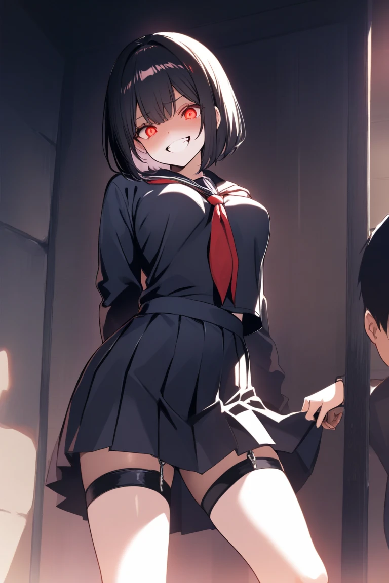 (Best Quality, masutepiece:1.2), 超A high resolution, ((hands tied behind)), ((arms behind back)), (odd eye), ((((gold eye)))), Exquisite details and textures, Dusty air, 1girl in, (((From below))), Detailed face, ((large full breasts)), Brown hair, ((((silver hairpin)))), Short hair, Black tights, ((White shirt)), serafuku, White , Short skirt, hair pin, Black tights, ((seiza)), (Sitting on the knees), Thigh high socks, Shy, blush, closing eye, full of sweat, Ultra Detail, Thighs together, Concrete floors, Concrete walls, in a basement, underground room, Indoors, Surreal, Insanely detailed, Detailed face, extremely detailed texture, wrapped in rope, ((((bondage)))), ((Rope bondage)), ((shibari)), (((((The rope is wrapped around the body many times))))), short_sleeves,
