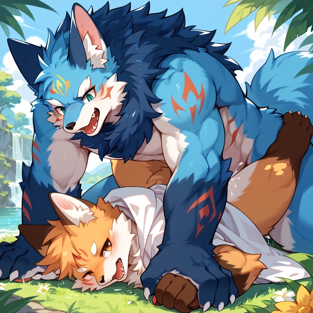 Man with a,white backhoe,light blue white tiger pattern,long white tiger tail,yellow left eye,light blue right eye,blue eyebrows,Light blue hair,Long hair,white bandage on left arm,white bandage on right arm,serious look,nsfw,gay,nudity,naked body,very embarrassed,Exposing,Erection,sweat flow,Closing your eyes,A little muscle,blow job,House Background,Sakashi,Pella,Oral sex,lick cunt
