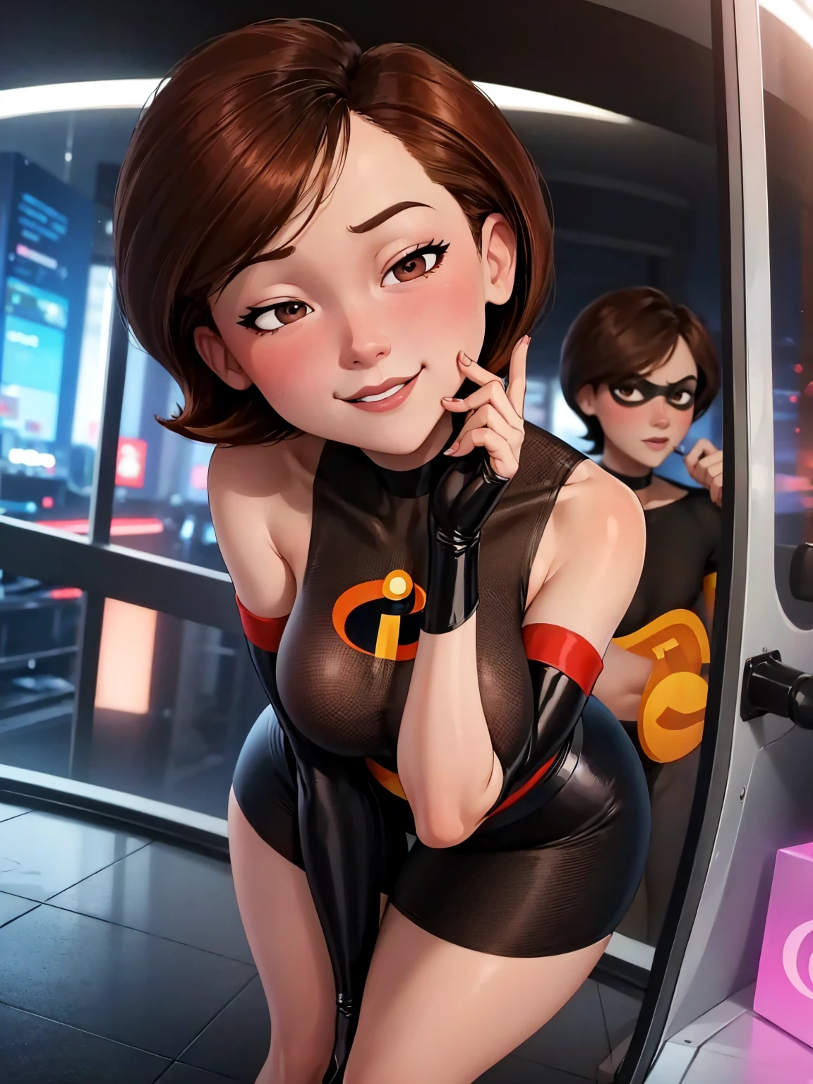 high quality, masterpiece, Best Quality, helenparr, 3D, 3d character, disney character, The Incredibles, Helen Parr, looking at the viewer, closed smile, Brown hair, Brown eyes, mature woman, revealing outfit, forced smile, standing, blush, half closed eyes, smile, empty eyes/No highlights (Leaning forward:1.5), arms down, ((perfect anatomy, Beautiful detailed face, beautiful detailed eyes, Beautiful detailed hair, beautiful detailed body)), thick outline, Beautiful contours, black outlines, short hair, Closed mouth, evening, warm lighting, inside,NSFW,sucking a penis,semen