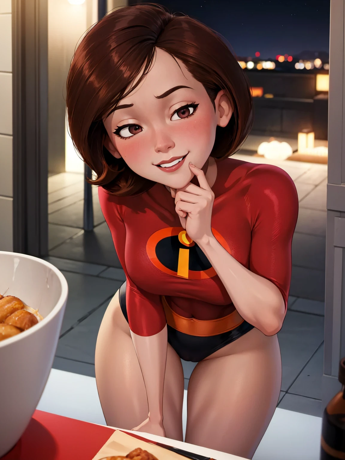 high quality, masterpiece, Best Quality, helenparr, 3D, 3d character, disney character, The Incredibles, Helen Parr, looking at the viewer, closed smile, Brown hair, Brown eyes, mature woman, revealing outfit, forced smile, standing, blush, half closed eyes, smile, empty eyes/No highlights (Leaning forward:1.5), arms down, ((perfect anatomy, Beautiful detailed face, beautiful detailed eyes, Beautiful detailed hair, beautiful detailed body)), thick outline, Beautiful contours, black outlines, short hair, Closed mouth, evening, warm lighting, inside,NSFW,sucking a penis,semen