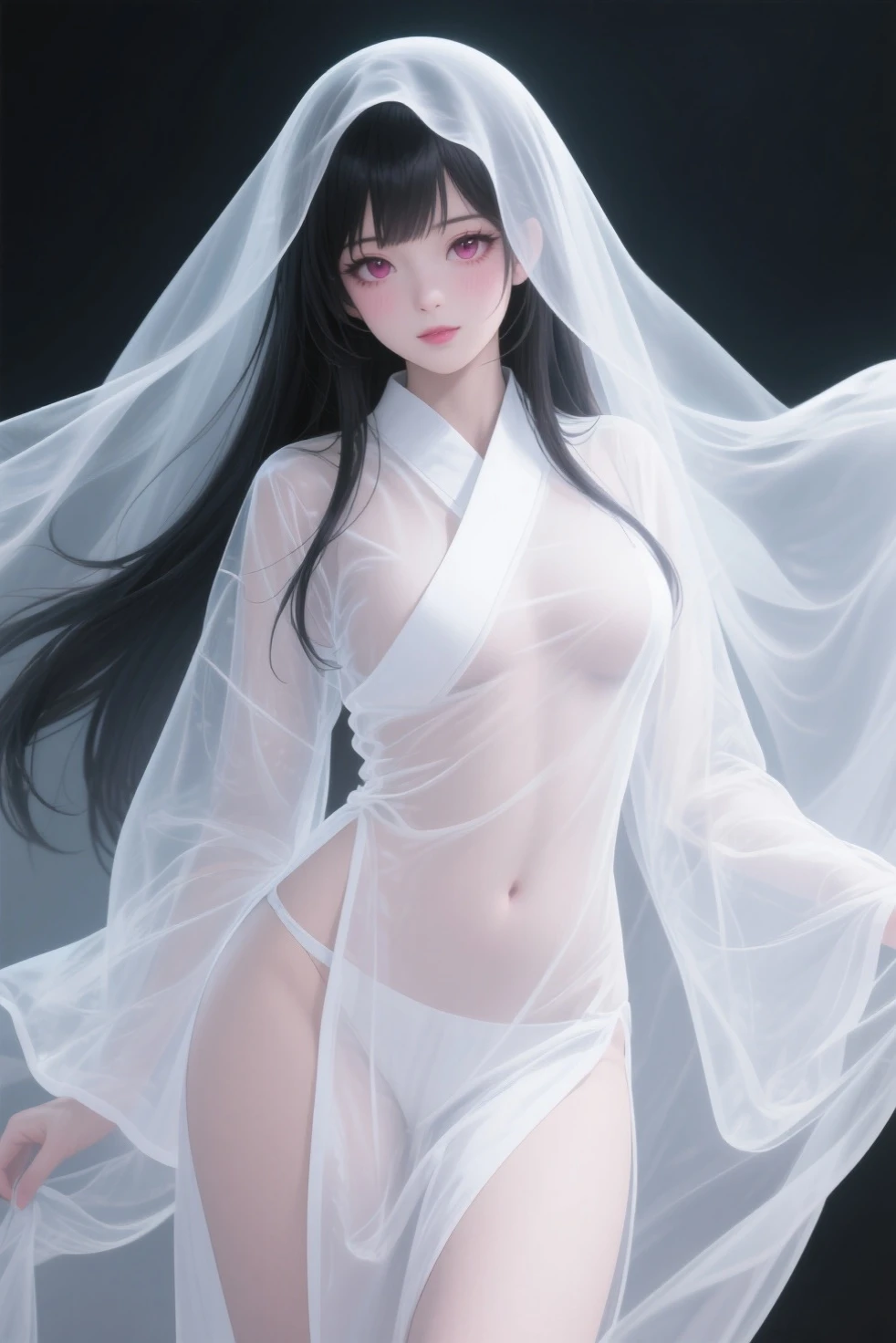 masterpiece、top-quality、8K、detaileds、Detailed face and skin、hight resolution、perfect anatomia、physically-based renderingt、Photorealsitic、1 person woman、18year old、Long Wave Hair、brown haired、constriction waist、huge tit、big breasts thin waist、nabel、Crotch gap、thighs thighs thighs thighs、Big tight buttocks、Trained raised buttocks、Attractive bust, big breasts thin waist, proportions of long limbs,), (big warm smile)、(Beautie:1.3)、(age 30s:1.3)、A charming smile, Beautie(with round face:1.1)、Makeup thick、Naive and innocent woman、symmetric clear eyes、Well-groomed Face、cleavage, Navel, off shoulders, Seductive smile, Red sexy erotic、(a necklace:1.3)、耳Nipple Ring、Feeling of temptation、Sexy feeling、bewitching、A sexy、(She wears a translucent white silk cloth over her body.:1.9)、(Skin shows through)、Long silk cloth、T-back panties、No bra、focus on face、(dynamicposes:1.2)、(dynamic ungle:1.2)、(FULL BODYSHOT:1.5)、(Dynamic Pose)、randam angle、Lights from the front、Shine a light on your face:1.4、
