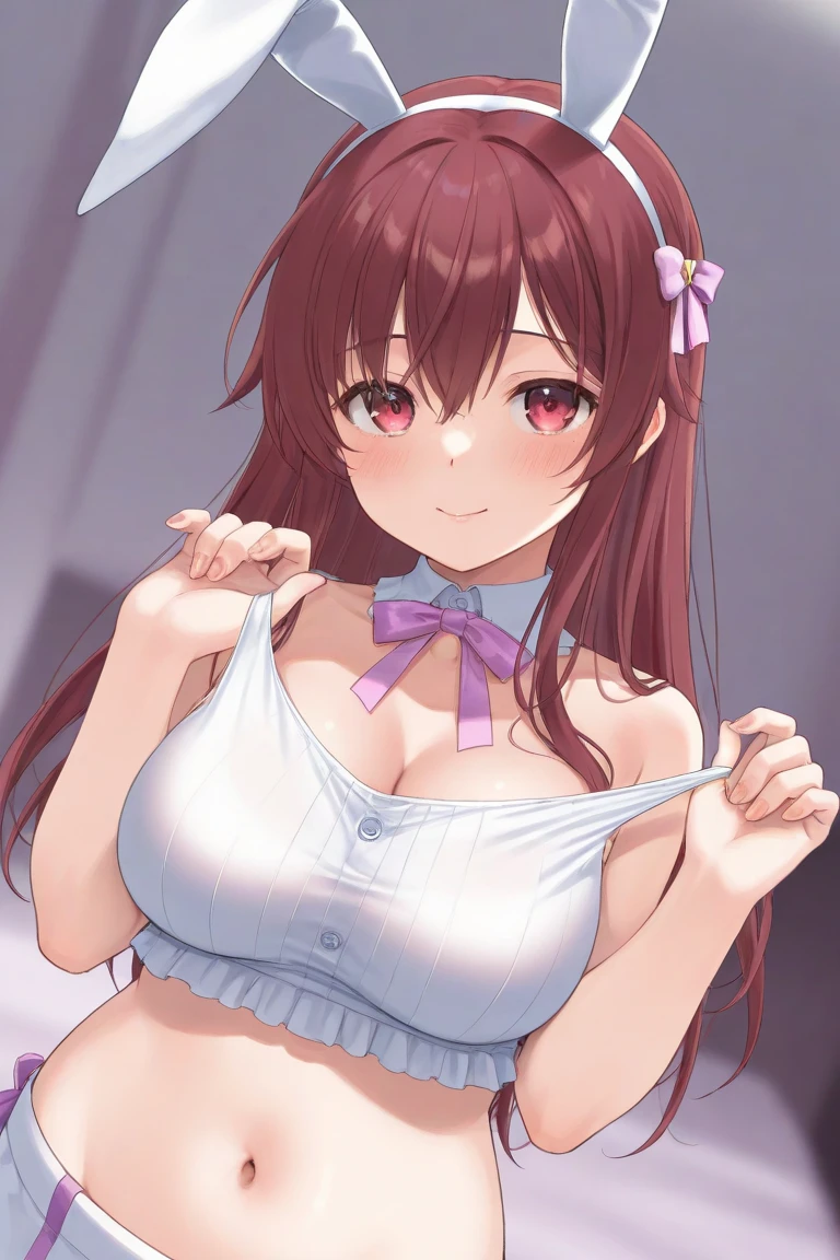 A girl,long hair, Bangs, Orange hair, Hair between the eyes, (Red eyes:1.5), (Large Breasts:1.2),
rest clavicle, White shirt, Pleated Skirt, mini skirt, bracelet, Red skirt,Cleavage,nipple,
rest looking at viewer, whole body,
rest indoors, classroom,
rest (masterpiece:1.2), best quality, high resolution, Unity 8k Wallpaper, (illustration:0.8), (Beautiful and delicate eyes:1.6), Extremely detailed face, Perfect lighting, Extremely detailed CG, (Perfect hands, Perfect anatomical structure),