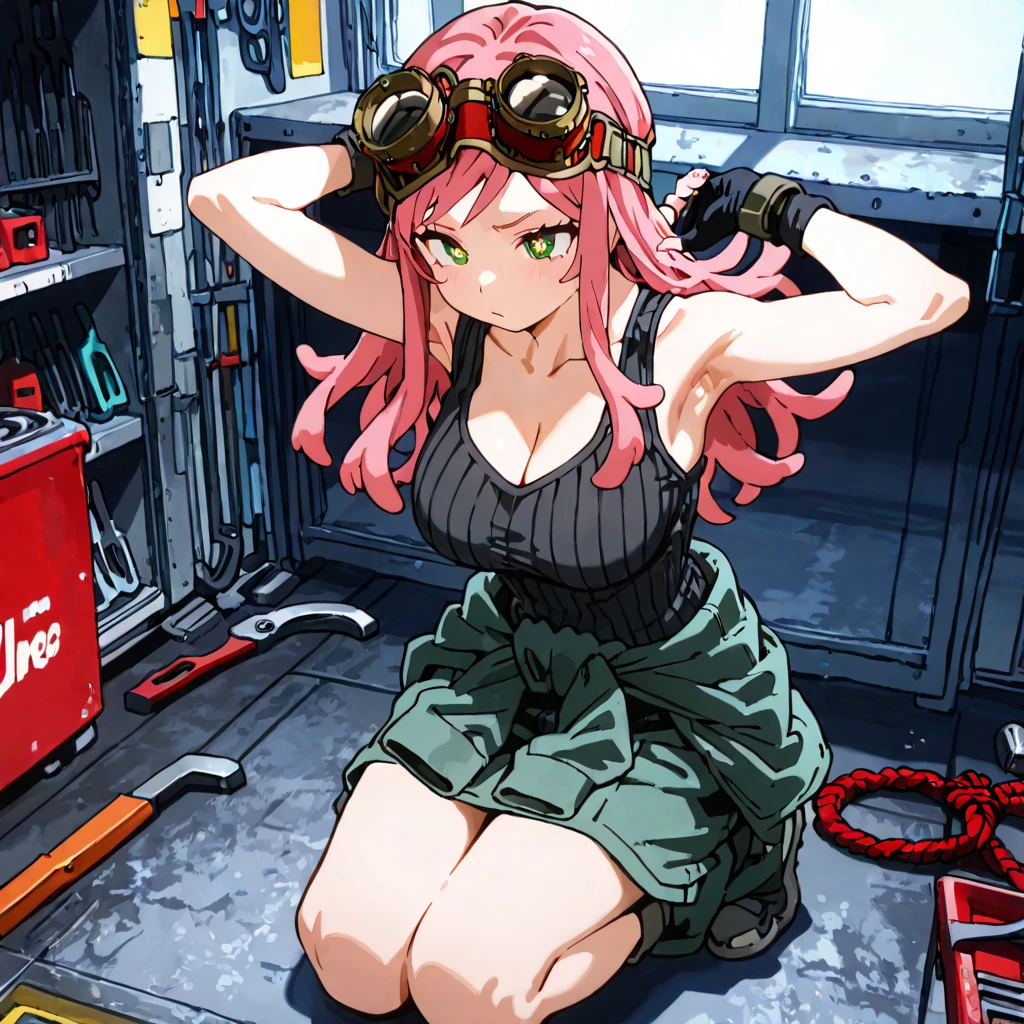 (masterpiece, best quality:1.2) best quality, masterpiece, highres, focus, anime style, a closeup of a cartoon of a woman, girl design, portrait, giesha, anime image, long hair, red hair, heterochromia eyes, hair covering ears, cat ears, horny and shy look, sport tank pink bra ,blue jeans, pink gloves, black belt around waist, round thick giant breasts, ((huge breasts)), ((large breasts)) ,engineer, engineer tools, mechanic, tools, tools in hand, black tighs, wrench , wrench in hand, toolbox
