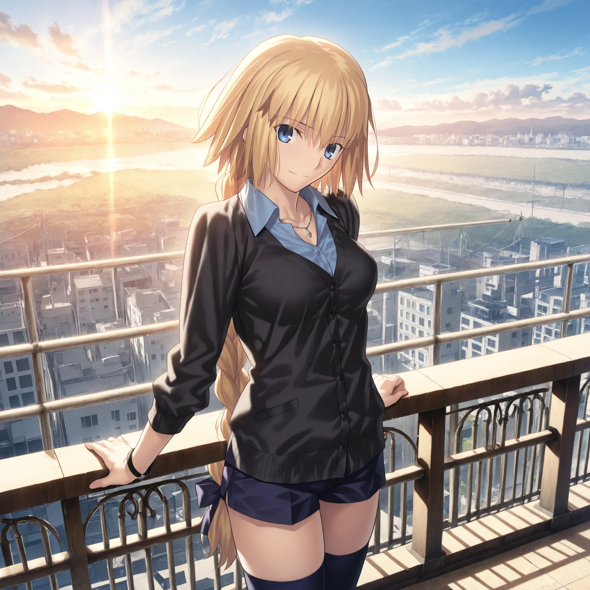 masterpiece, , absurdres, highres, detailed background, high resolution, masterpiece, necessary, detail, best quality, quality, necessary, details, High details, Precise, outdoors, bright blue sky, white clouds, intense sunlight reflection, bright daylight, intense sunlight, serene, , from above, from side, blue sky, arms support on railing,
1girl, , Takeuchi Takashi (type-moon,tsukihime) style, takeuchi takashi style, cowboy shot, bracelet, head tilt, necklace,
girl, slim arms, jeanne d arc, \(fgo\), blue eyes, jeanne d arc, blonde hair, medium hair, single braid, ((very big braid, huge braid)),(very loose black cardigan),long sleeve,((light blue shirt, collared shirt)), collarbone, dark blue shorts, dark blue thighhighs barely visible at the bottom of the frame, medium breasts, looking at viewer, light smile,