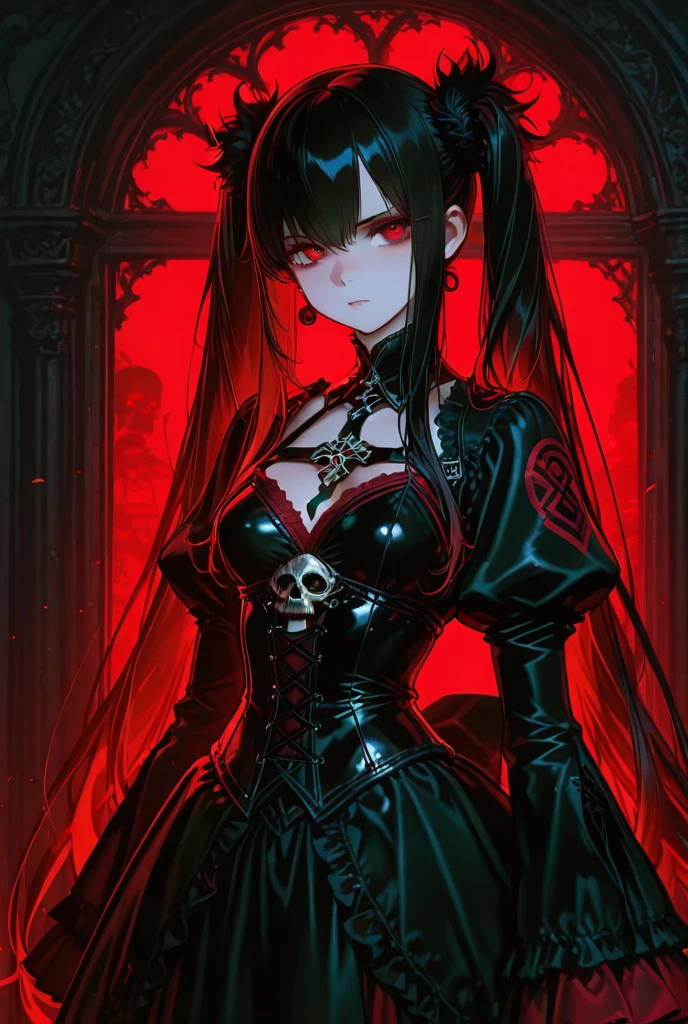 a woman in a red dress surrounded by skulls, concept art, by Yang J, gothic art, ((chains)), guweiz, detailed fanart, portrait gapmoe yandere grimdark, demon woman, blind, but the armor covers her face, of dark, no faces, trending on cgstation, detailed key anime art, sakimi, anime artwork