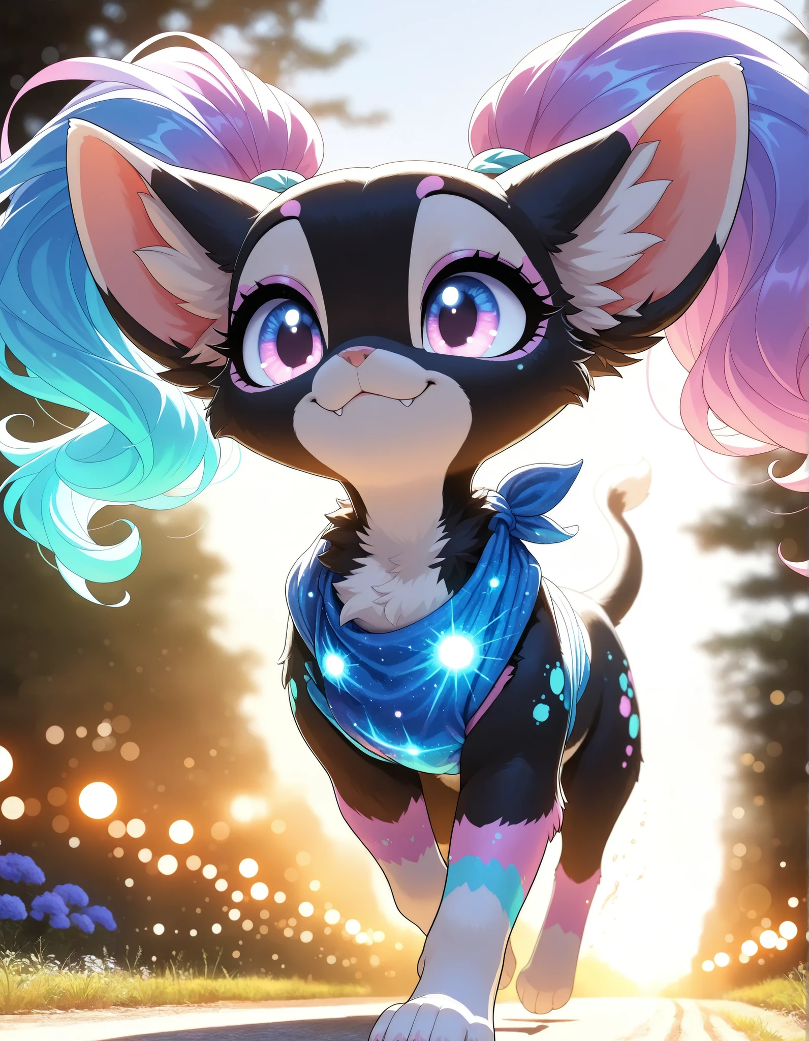 Cute twin tails,Farley, Warm Expression,Running around briskly,dreamy eyes,Clear Skies,lush rural landscape,soft light,fine art,oil paint,ultimate details,masterpiece,4K rendering,real,Realistic,Vivid Colors,bokeh effect