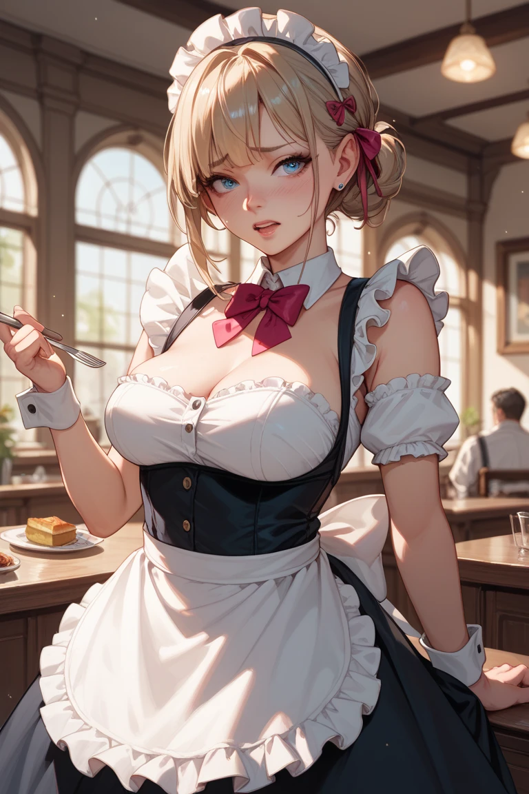 (Highest quality, masterpiece), (Ultra-high resolution, 8k RAW photos, Photorealistic:1.5, Cinema Lighting, Fabric Shading, Thin contours, Clear focus:1.2), Beautiful mature woman making tea_Garden party, Standing by the round table, Serve tea, Leaning forward, (Meisen tea set, you can, Tea cup, Some cakes on a plate), Delicate and elegant French style white table with gold accents and royal_green, (薄茶色のMaid clothesを着用:1.5, Cleavage, Maid clothes:1.2, Long Flared Skirt, apron, Bow tie on chest), Tall Sally, Long legs, Gray Hair, (Wearing thin glasses:1.2), (Mature Woman:1.5, 28 years old, alone), (Large Breasts, Saggy breasts, big , Tight waist), whole bodyesbian, (medium short Gray Hair, Hair on one eye, (Updo:1.2), Side Lock, Asymmetrical Hair, Wavy Hair), (thin and bright pupils, Highlighted, detailed eyes:1.3, A face with attention to detail, perfect face shape, Bloodshot eyes), (A seductive smile, Half-close your eyes:1.2), (Looking at the audience:1.3), (Dutch Angle, whole body:0.3, From below:1.2), ((Correct Anatomy:1.5, The right move)), (Ideal body proportions), (Outdoor:1.2, grassland),
