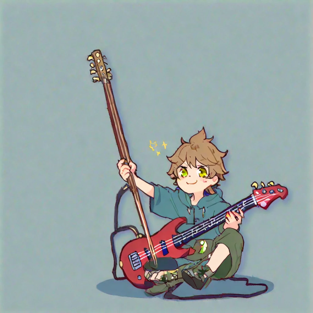 Cute boy with brown hair, dark-skinned, bass guitar, with elf ears, with cold clothes crying sitting