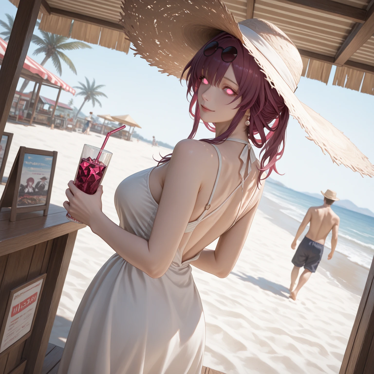 ((Highest quality)), ((masterpiece)), (detailed), 1 Witch Clerk, sexy,Sandy Beach Restaurant,Wearing a cap,Carrying two plates of food,bikini,Walking between the tables,The background is the sea and the starry sky.