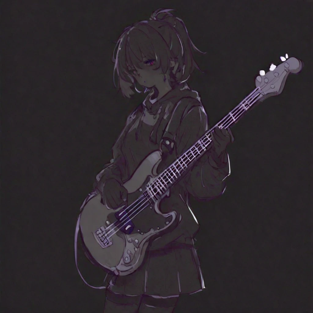 1 girl, alone, ppka, black fur, short hair, messy fur, Ahoge, parts, parts por todo el cuerpo, grey eyes, blind, he would be, a little frustrated, Looking through the window, looking at the rain, tired look black miniskirt, completely black skirt, black boots, Thigh High Stockings, white and black stockings, chains on the skirt, exposed navel, navel piercing, black sweatshirt, demon print sweatshirt, spiked bracelets, shadows in the eyes, black shadows, chains on the neck, Nose piercing, guitar case, guitar case_ in the back, guitar case in the back, headphones, listening to music, Waiting for the bus, storm, Emo, getting wet from the rain, popoka perspective (poka perspective)