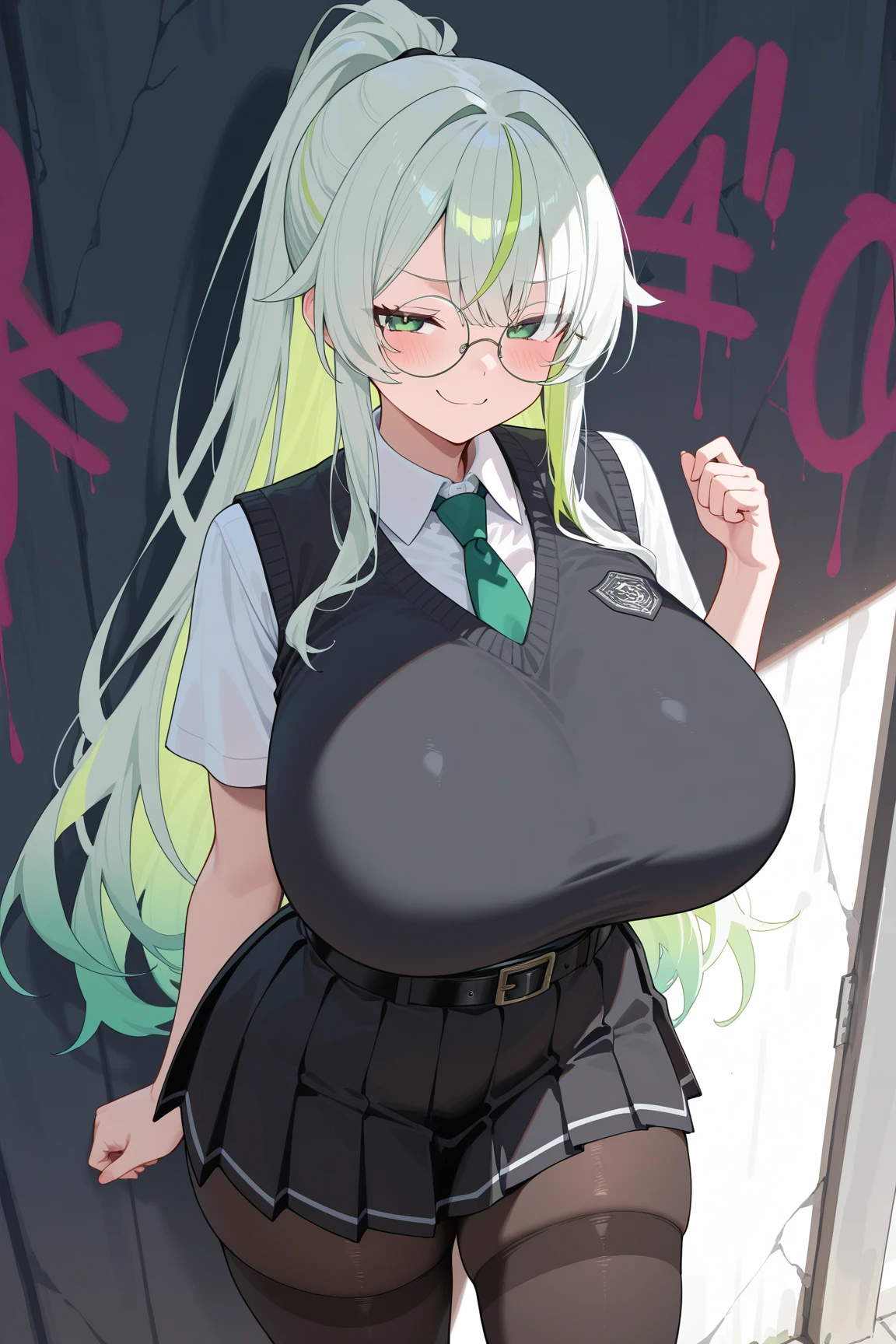 One Woman、Braided twin tails、Huge breasts、(Huge breasts:1.8)、Glasses、blue eyes、Green Hair、 My hair is messy, Black gloves, White socks, Police uniform, Black Skirt, Short sleeve, Cowboy Shot, salute, Put your hands on your hips,Thong underwear,String Panties,Pubic hair sticking out,Pubic hair sticking out,The nipples are erect,Nipples are erect, close your eyes, Tears in the eyes、Open your mouth, What saliva leaves behind, Wet skirt hem, Sticky panties, Bulging of the vibrator cord, Vibrator with Garters, (Daytime park background),(Being watched by a lot of boys),(Being watched by a lot of girls)、I can see her pussy,The vaginal opening is visible,The vagina is visible,The female shadow is visible