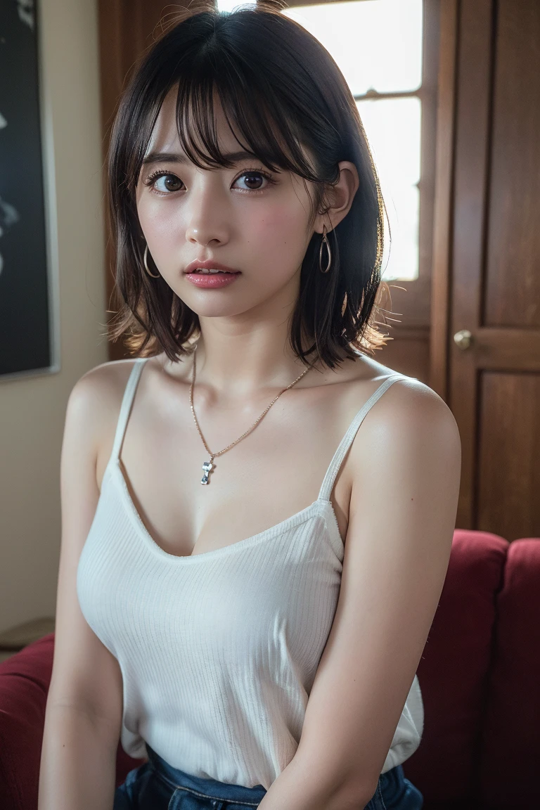 (8k、 RAW Photos、Highest quality、 High resolution:1.1)、 (超Realisticな:1.4)、(Realistic、 Realistic:1.3)、The Beauty of Japan、((Upper Body:1.3))、Grabbing the light blue baby doll and bare skin、holding panties 、  (プレゼントとしてのDirty pantiesー)、(Detailed silk panties:1.1)、Focus Panties、(blush:1.3)、(Dirty panties:1.3)、With an embarrassed face、Bobcut、Cleavage、Covered nipples