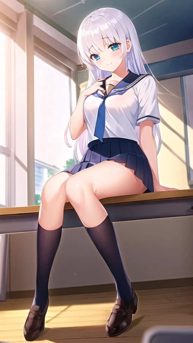 Girl in school uniform and white pantyhose with white hair smiling cheerful face sitting in sexy way blushing