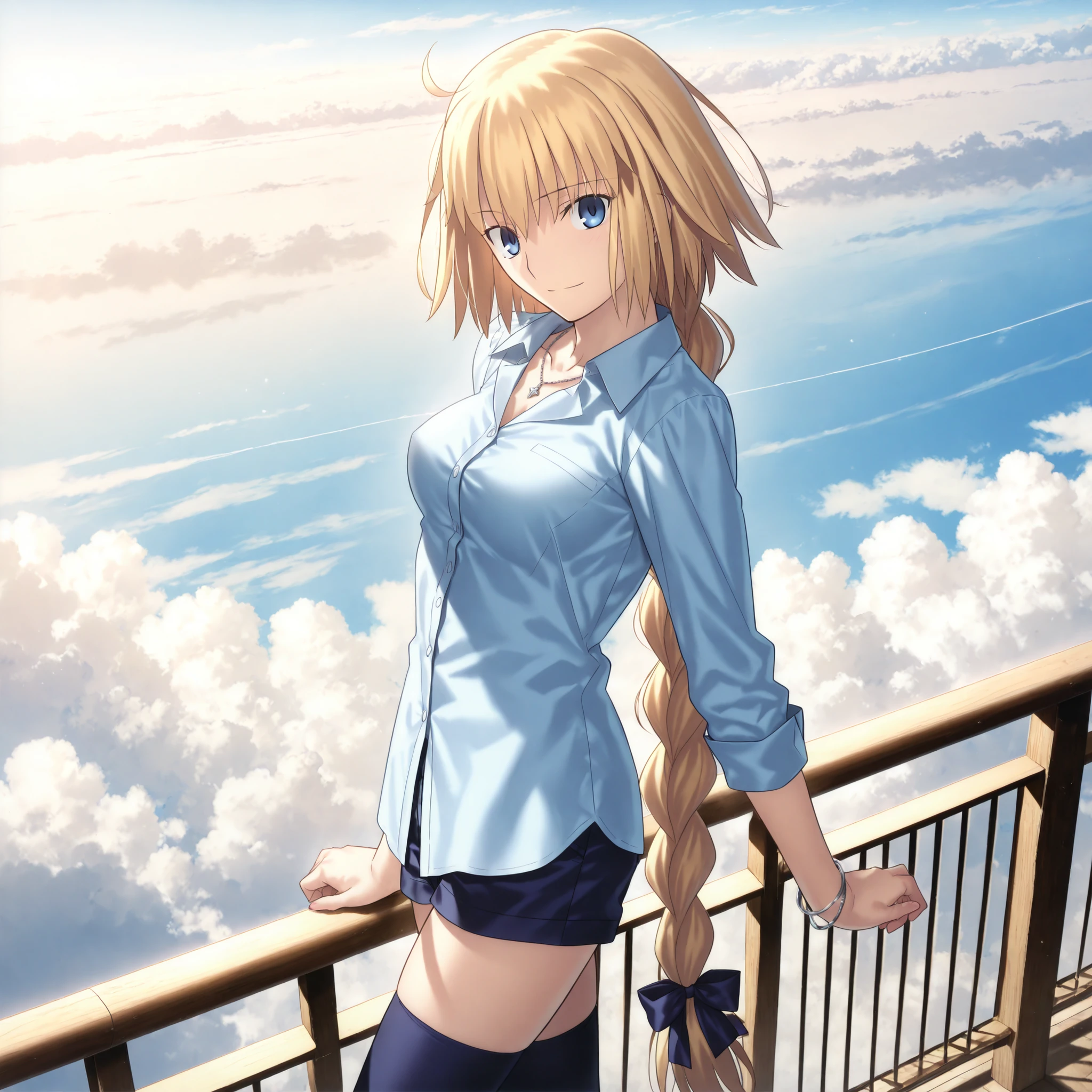 masterpiece, , absurdres, highres, detailed background, high resolution, masterpiece, necessary, detail, best quality, quality, necessary, details, High details, Precise, outdoors, bright blue sky, white clouds, intense sunlight reflection, bright daylight, intense sunlight, serene, , from above, from side, blue sky, arms support on railing,
1girl, , Takeuchi Takashi (type-moon,tsukihime) style, takeuchi takashi style, cowboy shot, bracelet, head tilt, necklace,
girl, slim arms, jeanne d arc, \(fgo\), blue eyes, jeanne d arc, blonde hair, medium hair, single braid, ((very big braid, huge braid)),(very loose light blue shirt, collared shirt),long sleeve, collarbone, dark blue shorts, dark blue thighhighs barely visible at the bottom of the frame, medium breasts, looking at viewer, light smile,