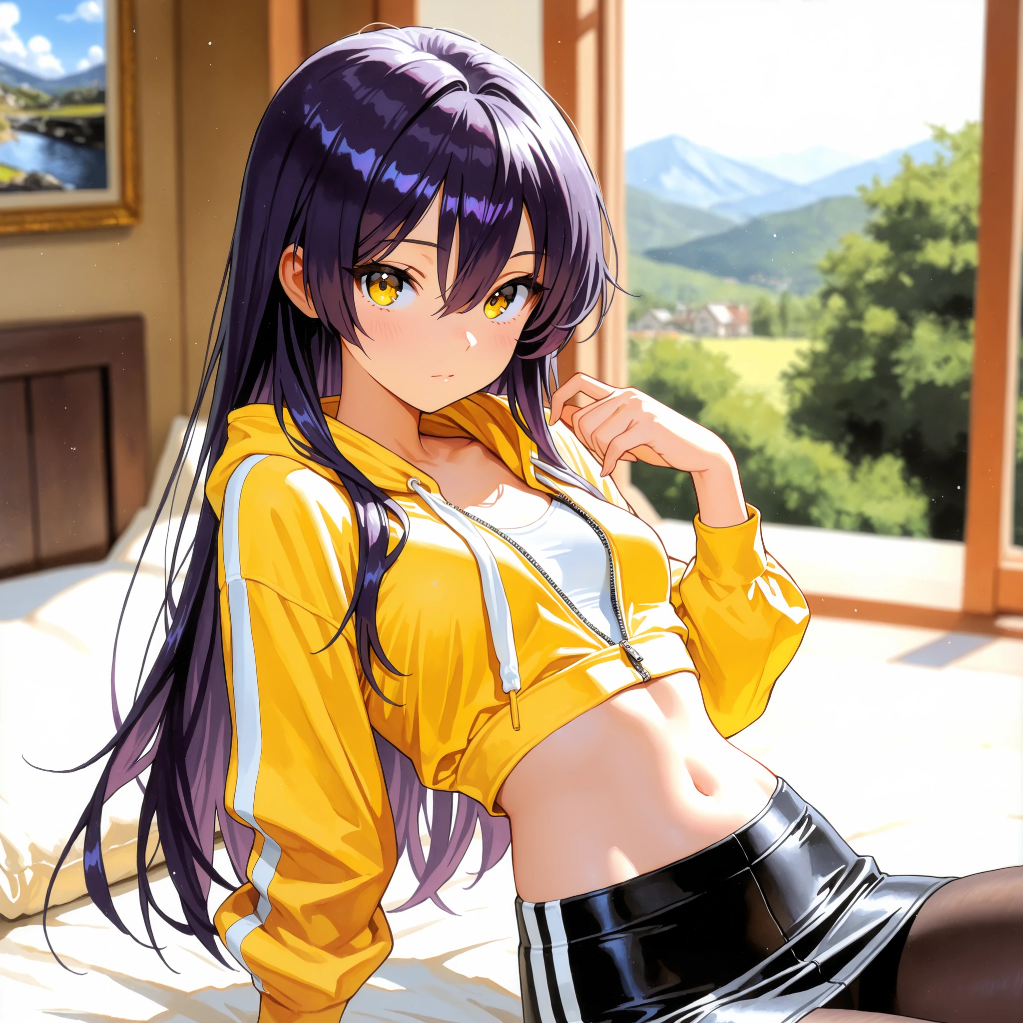 1girl, Nyann, long hair, yellow eyes, dark purple hair, hair between eyes,tight cropped skirt,black tights,yellow shirt, midriff tops, navel ,black opened zip up hoodie with a white stripe,depth of field, fake traditional media, Picturesque, Impressionism, masterpiece, high score, Great score , very high resolution highlights (masterpiece) 、 (Best Quality)) 、 (Super Detailed) , beautiful girl , Beautiful detailed face ,perfect 5 fingers , perfect human structure , Perfect Anatomy ,beautiful light effect,beautiful light effect, small breasts
