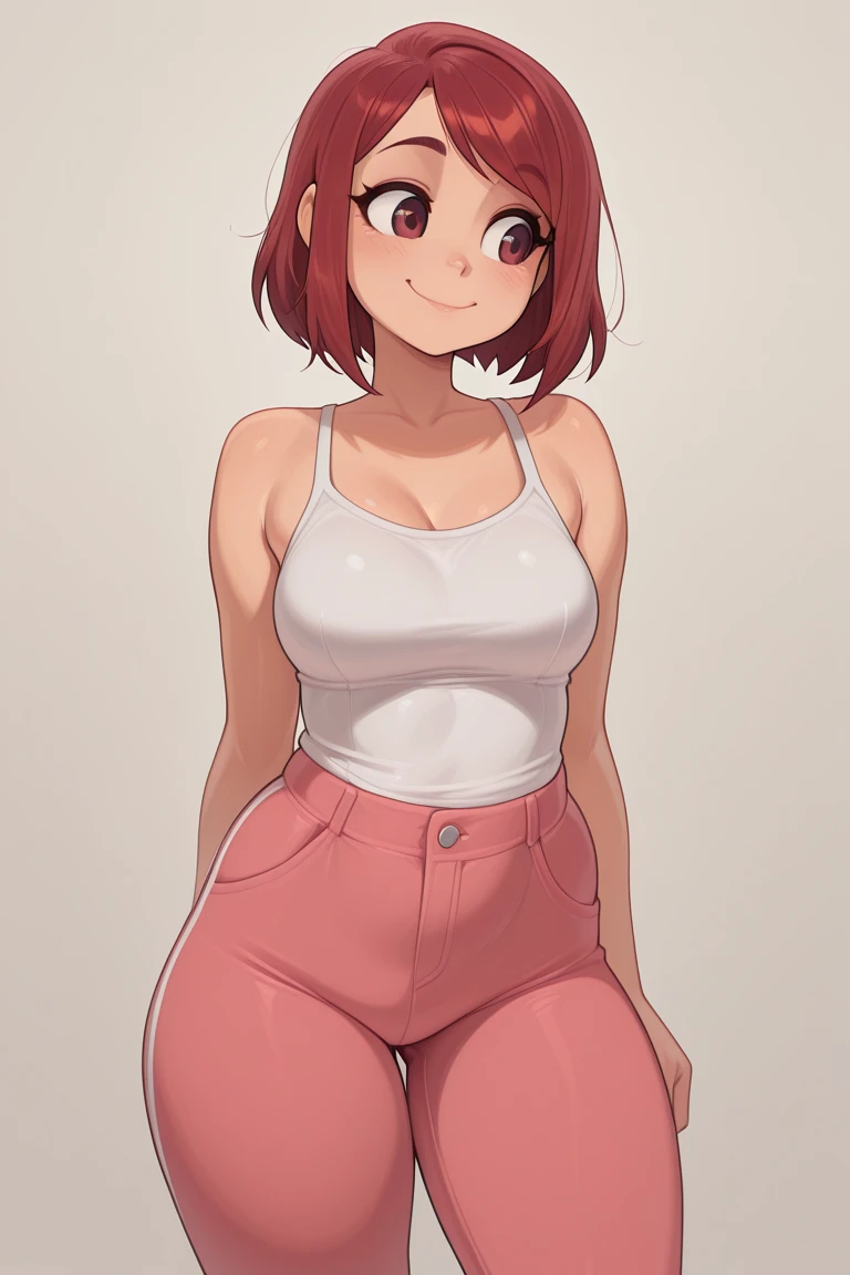 1 Girl, Small Breasts, Green Eyes, Heart Eyes, Deep Red Hair, Short Hair Style, Pale White Skin, Smooth Skin, Face Freckles, Slutty, Sexy, Sassy, Smirking, Tease, Teasing, Teasing, Sexy Pose, Young Girl, Very Small Girl, 8 Years Old, Crop Top, Booty Shorts, Low Camara Angel, Viewer Looking up at her,