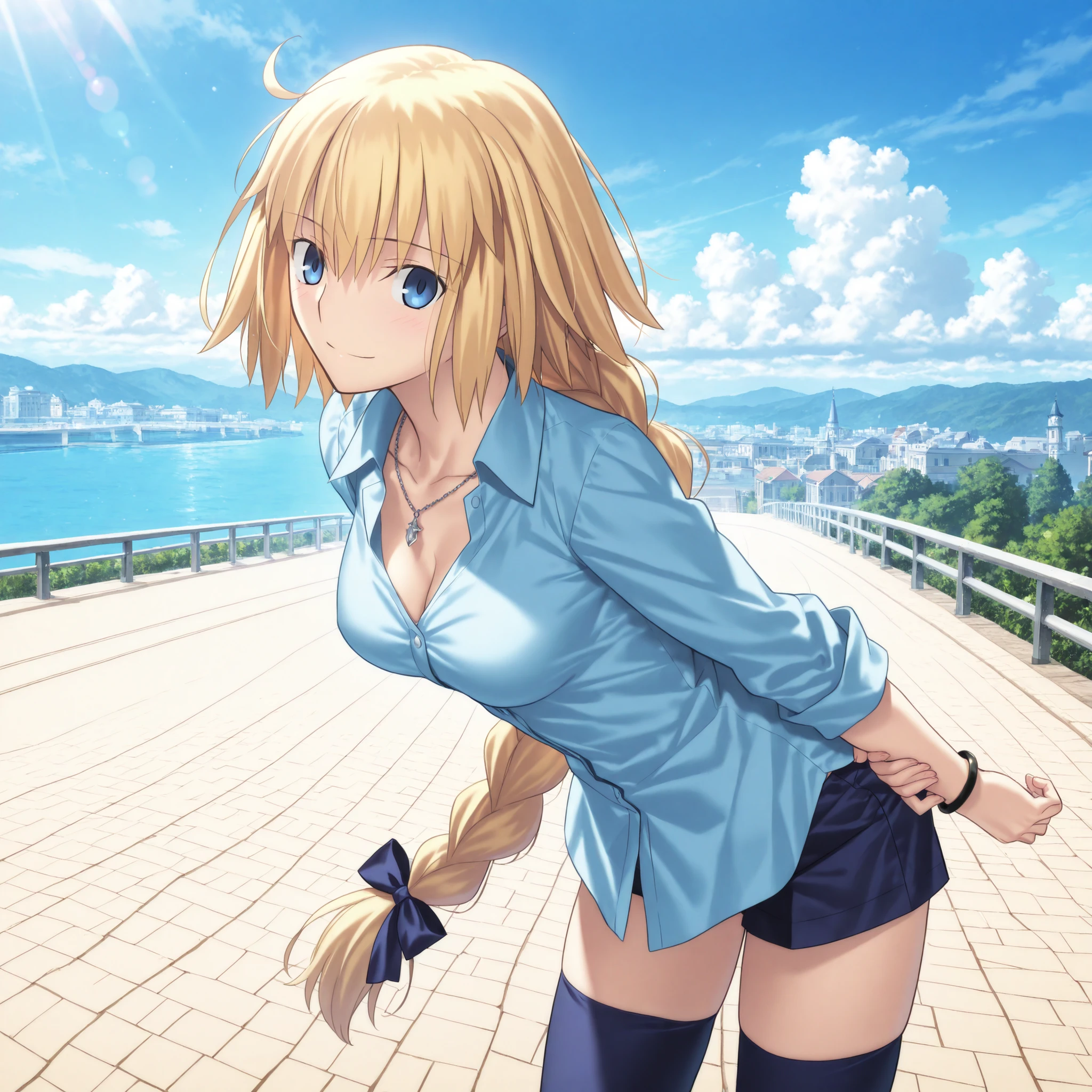 masterpiece, , absurdres, highres, detailed background, high resolution, masterpiece, necessary, detail, best quality, quality, necessary, details, High details, Precise, outdoors,  bright blue sky, white clouds, intense sunlight reflection, bright daylight, intense sunlight, serene, , from above, from side, blue sky, ,                                            
                                                                                                                                                                                                                         1girl, , Takeuchi Takashi (type-moon,tsukihime) style, takeuchi takashi style, cowboy shot, bent over, bracelet, head tilt, necklace,  
   
girl, slim arms, jeanne d arc, \(fgo\), blue eyes, jeanne d arc, blonde hair, medium hair, single braid, ((very big braid, huge braid)),(very loose light blue shirt, collared shirt),long sleeve, collarbone, dark blue shorts, dark blue thighhighs barely visible at the bottom of the frame, medium breasts, looking at viewer, light smile,                                                                                                                                                                                                                                                                                                                                                                                                                                                                                                                                                                                    