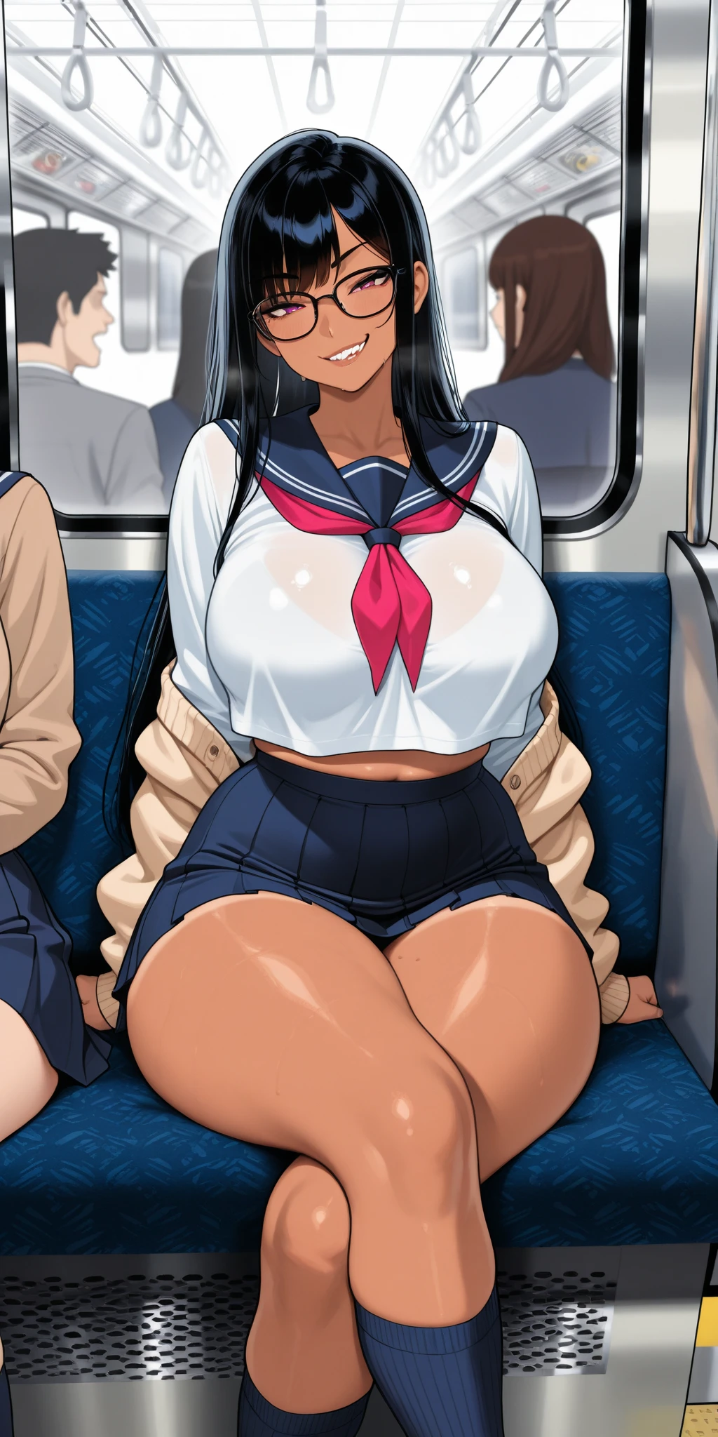 Score_9, score_8_up, score_7_up, score_6_up, score_5_up, score_4_up, source_anime, cute girl, detailed eye, sailor uniform, sleeveless, ponytail, sagging gigantic huge biggest breasts, huge dark areolae, areola slip, dark nipple, hairy stomach hair, hairy armpit hair, Japanese, cute Japanese, midriff-baring, sweating, heart mark words, in train, hentai atmosphere, wide hip, tanned skin, cum shot, blushing smile, handjob, penis, hand down,
