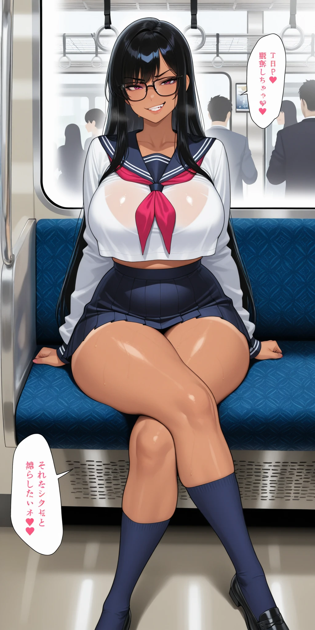 Yoshiko Tsushima love live, alp artstyle,navy blue hair,thin waist, thighs,curvy body, Impatient expression, white bodycone dress,in train , skindentation,side cuts on the dress, sitting , crossed legs