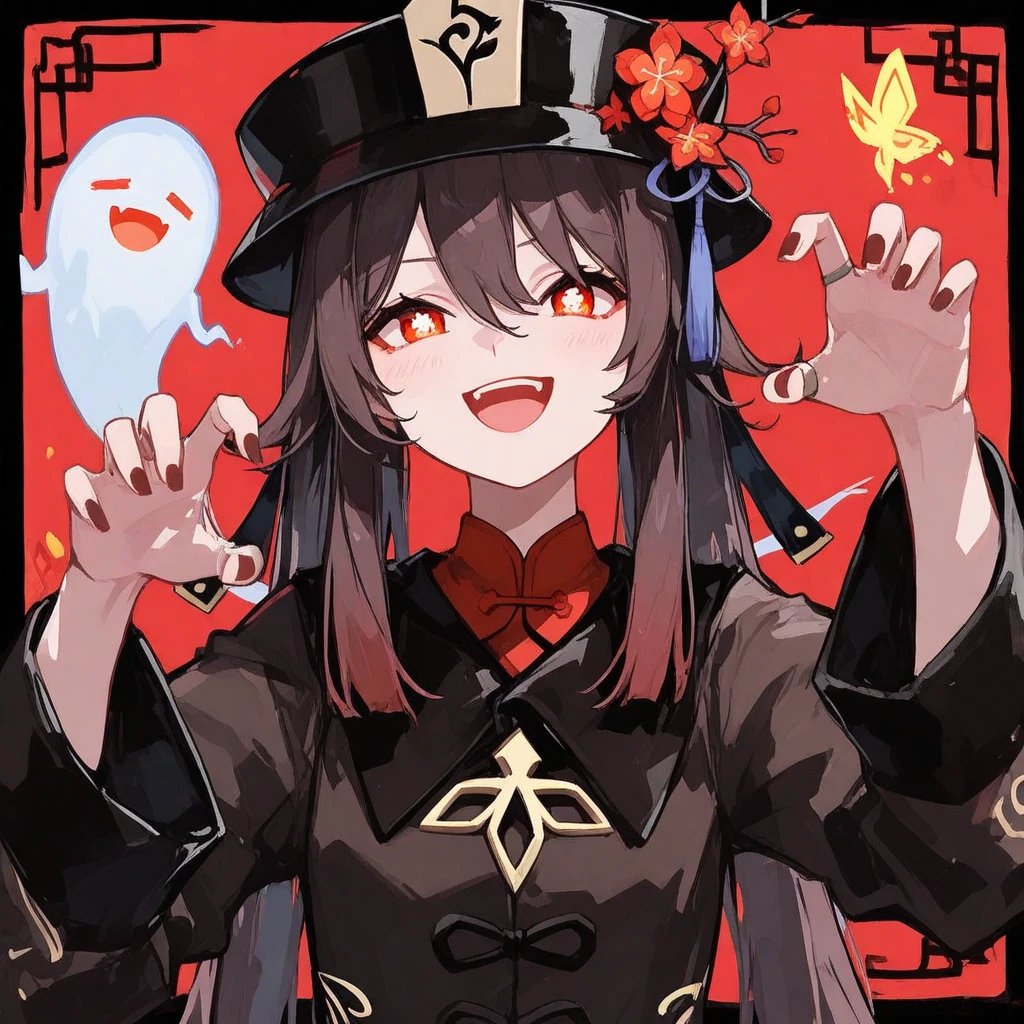 _asura style, 1girl, hu_tao_(genshin_impact), boo_tao_(genshin_impact), smile, hat, ghost, flower, symbol-shaped_pupils, brown_hair, looking_at_viewer, red_eyes, black_nails, butterfly, ring, bug, jewelry, grin, long_sleeves, solo, nail_polish, long_hair, hat_flower, plum_blossoms, chinese_clothes, black_headwear, fang, twintails, upper_body, bangs, flower-shaped_pupils, hair_between_eyes