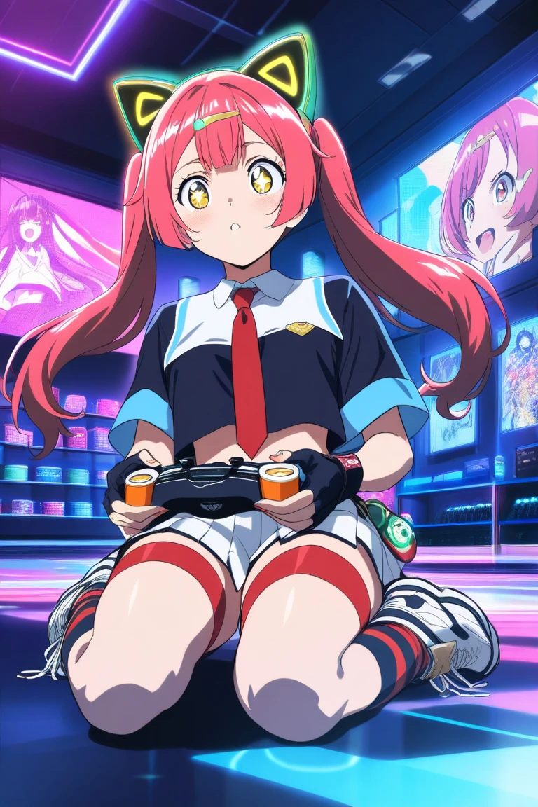 beautiful girl incredible quality perfect anatomy nekomimi 4k vtuber with red eyes multiple color blue and black hair with pink ribbon Short pleated skirt sailor style blouse long sleeve white long stockings pink tennis shoes with black vtuber youtuber in recording studio room PC gamer in the background and cyberpunk LED lights