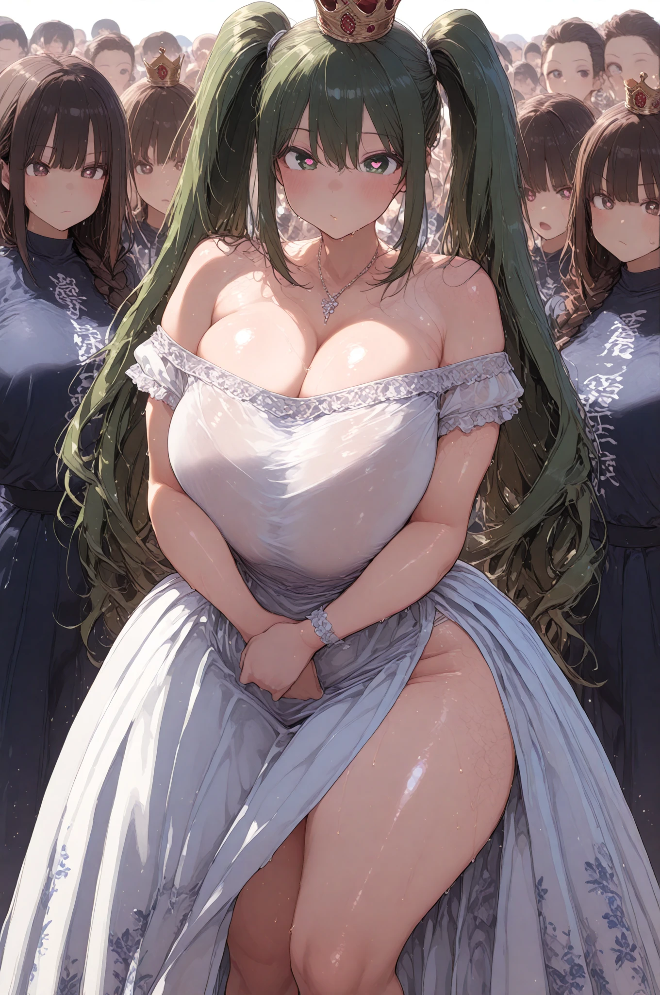 masterpiece,Highest quality,Very detailed,High resolution,4k Portraiture,8k Portraiture,Anime screenshots, Portraiture,One person,alone,Hasebe_Tōh-hsien, Long Hair,pantyhose, (green hair) ,ribbon,hair band,hair ribbon,very Long Hair,Green Eyes,bangs,red ribbon,white hair band,low-tied Long Hair, Large Breasts, Large Breasts,Huge hips,Thick thighs,(((nsfw))) , (((busty))),1girl, sensual body, Her cheeks flushed , tongue out , open mouth ,looking at viewer , ((vaginale )),((seX)), X, gangbang, wedding vail , wedding dress ,wedding lingerie , gothic chapel