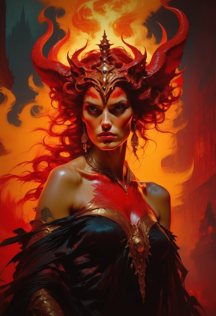Foto RAW, cinematic colour grading, fantasy movie,tv series, Lilith portrait standing in front of a red background in the style of D14bl0, (pele altamente detalhada: 1.2), 8k UHD, DSLR, soft-lighting, alta qualidade, grain of film, Fujifilm XT3