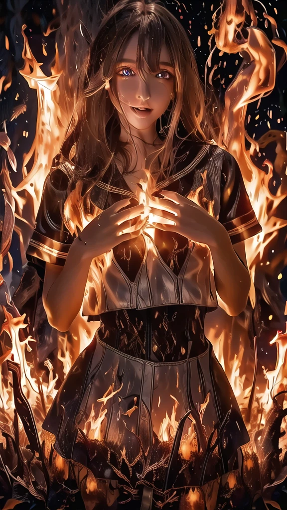 Close-up portrait of a beautiful woman wearing a dress made of flames, standing on a lava field, streams of molten lava surrounding her, hair flying in the wind, detailed background, vivid colors, piercing eyes, perfect face, Oil Painting, expressive brushwork, luminous color palette, and delicate details