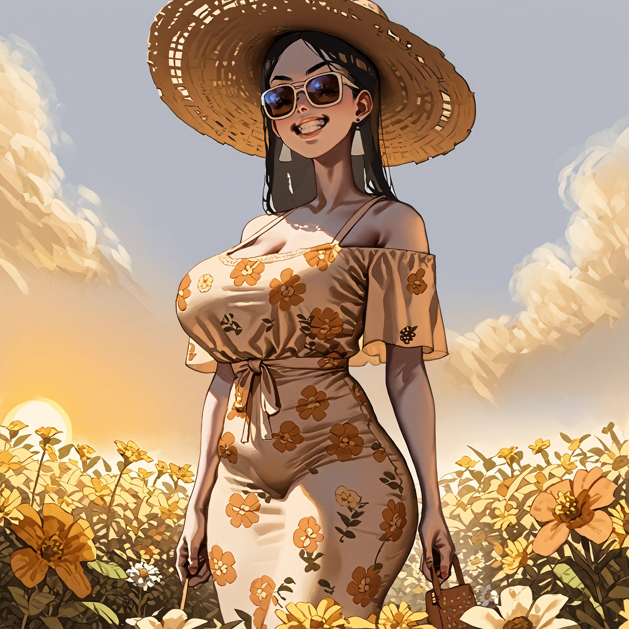 portrait of a chocolate haired mature girl milf in a patterned yellow sundress, wearing straw-hat with flowers, vineyard background, (masterpiece), hi-res, highly detailed, cleavage, smile, show thong, focus thong, cameltoe, lift dress, full body,
