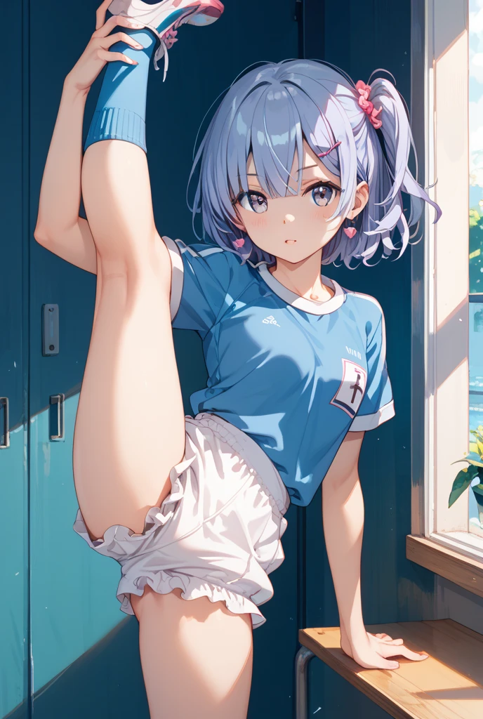highest quality, masterpiece, High resolution, alone, {sea breeze_Fleet Collection:1.15}, 長hair, Blue eyes, Braid, シングルBraid, グレーhair, 前hair, very_長いhair, 別れた前hair, chest, blush, smile, 白hair, hair_, hairフラップ, 1 girl, full body figure, In underwear, locker room background　spread legs, legs up