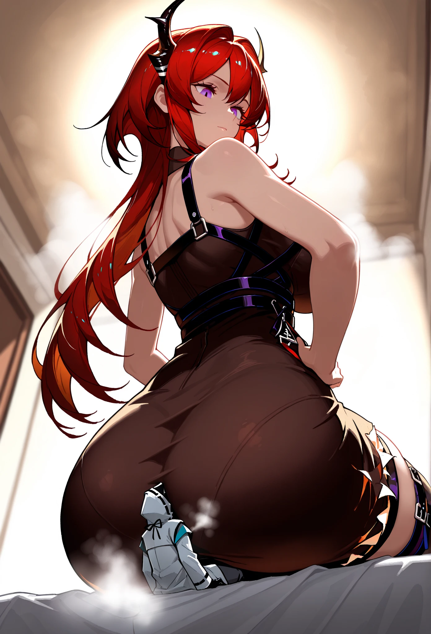 dotamirana, best quality,best animated,masterpiece, 8K-Illustration, Hyper Detailed, perfect anime illustration, ((suspension)), ((feet off the ground)), ((1girl)), ((solo)), arms behind back, ((full body)), upper body leaning forward, darknight,black background, breasts, leggings, looking at viewer, solo, (arms behind back:1.5), bound arms, brown rope, gag, gagged, shibari, bondage, close ups, , vibrator in pantie, vibrator in pantie, panties,vibrator_under_panties, pussy juice , bound legs, wrists behind waist, rope bondage, shibari over clothes)), hands behind back,in the jail,jail, girl hogtied, big butt, girl helpless, arms tied up behind back, hogtie bondage,view from side,blindfold,arms behind back, ((full body)), breasts, leggings, black choker, looking at viewer, solo, score_9, score_8_up, score_7_up, source_anime BREAK 1girl, solo, prsum, red eyes, red hair, short hair, tiara, earrings, chest jewel, one-piece swimsuit, parted lips,gag, gagged,blindfold