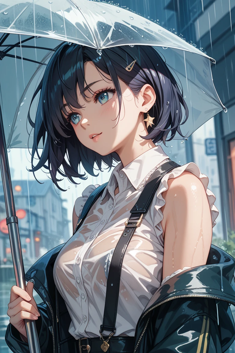 An anime，Black short hair，Blue eyes，Crouching on the street at night，Underwear Rain，With a transparent umbrella，White sleeveless lining，Black coat，Off-shoulder，There are cars passing by，Back to camera，Turned，Lollipop in mouth，（masterpiece）（（Best quality））（（Ultra Detailed））（high resolution）
