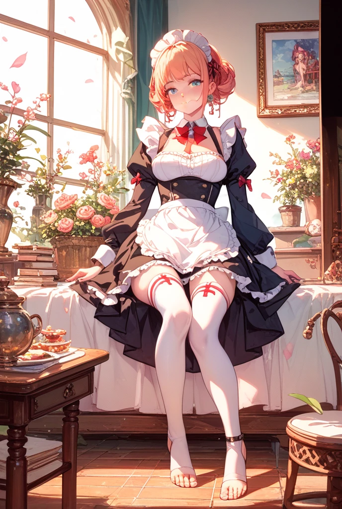 anime girl sitting on a chair holding a vase of flowers, guweiz on pixiv artstation, cushart krenz key art feminine, guweiz on artstation pixiv, , anime girl in a maid costume, guweiz, official art, artwork in the style of guweiz, krenzcushart