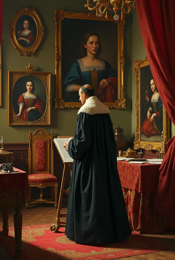 (((masterpiece picture, Leonardo da Vinci while painting Mona Lisa in his painter studio, in Florence 1300 a.d.))). He's in front a beautiful Mona Lisa with her famous subtle smile. Twilight warm and calm atmosphere. Many paintings and painter tools in the background. Wide angle lens, ((low angle shot)), ((full figure shot)), perfectly detailed scene, extreme realism. ((Characters illuminated only by warm soft candle light, dark shadows)), artistic framing, low saturation, low contrast, ((soft focus)). Establishing shot.