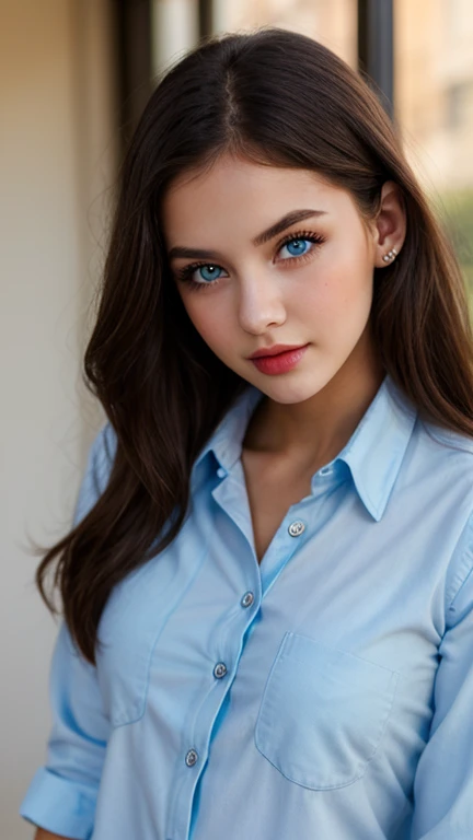 youthful , (blue eyes), (large round cleavage), super long hair, face focus, ((white lowcut shirt)), setting living room at night, looking at viewer, (brown hair),
